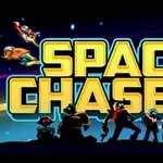 Kuvassa on värikäs avaruusteemainen tausta, jossa on suurikokoiset keltaiset tekstit SPACE CHASERS ja hahmoja siluetteina alapuolella