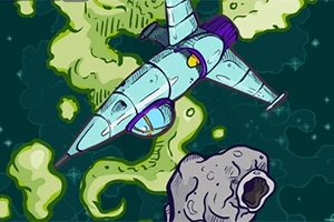 Avaruudessa leijuva futuristinen avaruusalus ja suuri asteroidi vihreänhehkuisen sumun keskellä