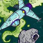 Avaruudessa leijuva futuristinen avaruusalus ja suuri asteroidi vihreänhehkuisen sumun keskellä