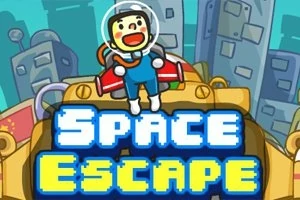Avaruuspukuisella hahmolla on punainen rakettireppu ja suuria rakennuksia taustalla, ja kuvassa lukee Space Escape