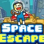 Avaruuspukuisella hahmolla on punainen rakettireppu ja suuria rakennuksia taustalla, ja kuvassa lukee Space Escape