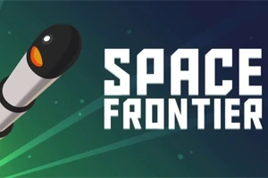 Raketti lentää ylös avaruuteen tekstin Space Frontier vieressä tummalla taustalla