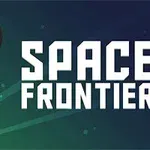 Raketti lentää ylös avaruuteen tekstin Space Frontier vieressä tummalla taustalla