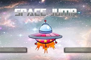Avaruustausta, jossa keskellä sarjakuvamainen lentävä lautanen, ja yläreunassa teksti SPACE JUMP