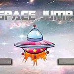 Avaruustausta, jossa keskellä sarjakuvamainen lentävä lautanen, ja yläreunassa teksti SPACE JUMP