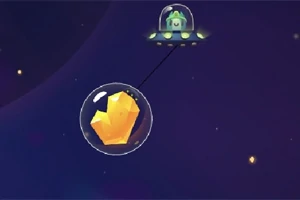Ufo hahmolla lasikuvun alla avaruudessa, jossa iso oranssi kristalli on kuplassa
