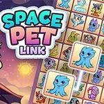 Sarjakuvamainen avaruusteemainen hahmo, pelilauta eläinlaatoilla ja teksti Space Pet Link