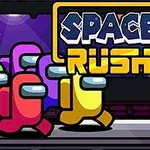 Moniväriset astronauttihahmot kävelevät alustan päällä, taustalla avaruusteema ja teksti Space Rush