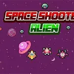 Avaruusaiheinen pikselitaidekuva, jossa on planeettoja, avaruusaluksia ja teksti Space Shooter Alien