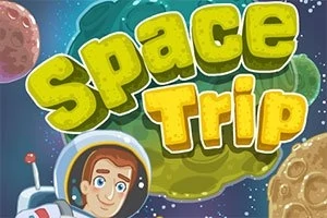 Piirros avaruusaiheisesta taustasta, jossa on hymyilevä astronautti, värikkäät asteroidit ja teksti Space Trip