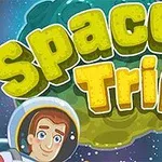 Piirros avaruusaiheisesta taustasta, jossa on hymyilevä astronautti, värikkäät asteroidit ja teksti Space Trip