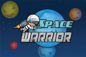 Avaruustausta jossa jetpackilla lentävä astronautti ja teksti Space Warrior