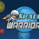 Avaruustausta jossa jetpackilla lentävä astronautti ja teksti Space Warrior