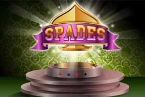 Kultaiseen spade-symboliin yhdistetty violetti nauha, jossa lukee SPADES, ja se on asetettu korokkeelle vihreällä taustalla