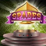 Kultaiseen spade-symboliin yhdistetty violetti nauha, jossa lukee SPADES, ja se on asetettu korokkeelle vihreällä taustalla