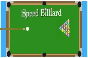 Vihreällä biljardipöydällä on valkoinen pallo, joukko numeroituja värillisiä palloja kolmionmuodostelmassa ja teksti Speed Billiard