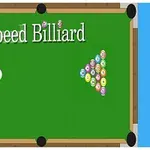 Vihreällä biljardipöydällä on valkoinen pallo, joukko numeroituja värillisiä palloja kolmionmuodostelmassa ja teksti Speed Billiard