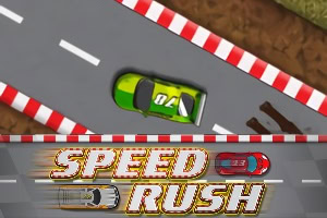 Vihreä auto ajaa kilparadalla, jossa on punavalkoiset reunukset ja taustalla näkyy pelin nimi Speed Rush