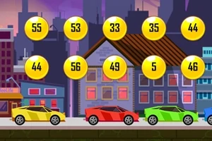 Kuva esittää värikkäitä autoja kadulla kaupunkimaisemassa, jossa on vaaleita rakennuksia taustalla ja yläpuolella numerolla merkittyjä keltaisia kolikoita