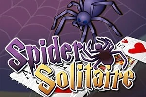 Violetti hämähäkki ja pelin kortteja violetilla taustalla, keskellä teksti Spider Solitaire