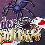 Violetti hämähäkki ja pelin kortteja violetilla taustalla, keskellä teksti Spider Solitaire