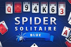 Sinisellä taustalla on rivi kortteja, joissa on sekoitus maita ja arvoja, sekä teksti SPIDER SOLITAIRE BLUE hämähäkin ja verkon kuvalla