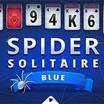Sinisellä taustalla on rivi kortteja, joissa on sekoitus maita ja arvoja, sekä teksti SPIDER SOLITAIRE BLUE hämähäkin ja verkon kuvalla