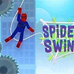 Punaisessa ja sinisessä puvussa oleva hahmo roikkuu verkossa, kun taustalla näkyy korkea rakennus ja kaksi pyörivää saha-terää alareunassa, tekstillä Spidey Swing keskellä
