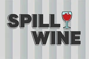 Tekstissä lukee SPILL WINE, ja viinilasin kuvake korvaa sanan toisen i-kirjaimen