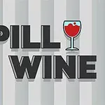 Tekstissä lukee SPILL WINE, ja viinilasin kuvake korvaa sanan toisen i-kirjaimen
