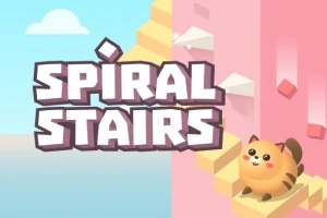 Piirros kissa kiipeilee keltaisilla portailla vaaleanpunaisen seinän vieressä, taustalla sininen taivas ja pilviä, keskellä teksti Spiral Stairs