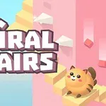 Piirros kissa kiipeilee keltaisilla portailla vaaleanpunaisen seinän vieressä, taustalla sininen taivas ja pilviä, keskellä teksti Spiral Stairs