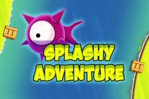 Violetti piikikäs hahmo ja teksti Splashy Adventure värikkäällä taustalla, jossa näkyy vihreitä ja sinisiä alueita sekä ruskeita laatikoita
