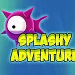 Violetti piikikäs hahmo ja teksti Splashy Adventure värikkäällä taustalla, jossa näkyy vihreitä ja sinisiä alueita sekä ruskeita laatikoita