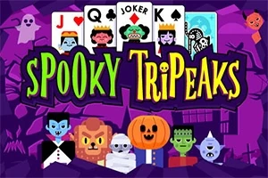 Violetti tausta, Halloween-hahmoja ja pelikortteja, jossa iso teksti Spooky TriPeaks