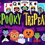 Violetti tausta, Halloween-hahmoja ja pelikortteja, jossa iso teksti Spooky TriPeaks