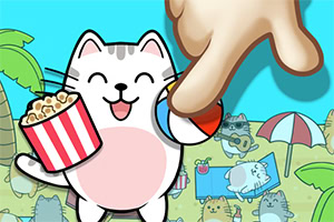 Animaatiomainen kissa, joka pitelee popcornia ja rantapalloa, taustalla näkyy muita kissoja rannalla