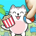 Animaatiomainen kissa, joka pitelee popcornia ja rantapalloa, taustalla näkyy muita kissoja rannalla