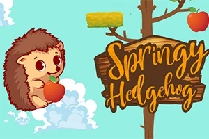 Siili pitää omenaa pilvien keskellä, taustalla pilviä ja puu, jossa kyltti tekstillä Springy Hedgehog