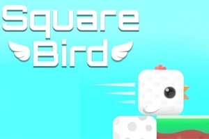 Vaaleansinisellä taustalla oleva kuutiointia muistuttava lintu, jonka vieressä on teksti Square Bird