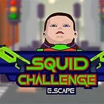 Hahmo kasvot keskellä, kirkkaita värejä ja kaksi vihreää pistoolia molemmin puolin tekstiä Squid Challenge Escape