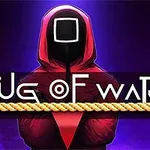 Punapukuinen hahmo, jolla on musta naamio, seisoo köyden takana violetissa valaistuksessa tekstin Tug of War alla
