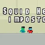 Kaksi pikselihahmoa, toinen sininen ja toinen punainen, seisoo harmaalla alustalla tekstin Squid Hero Impostor alla