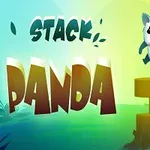 Piirrosmainos, joka esittää pandan hyppäämässä kolmen keltaisen sylinterin päällä vihreällä ja sinisellä taustalla, ja sanat STACK PANDA