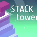 Violetit ja siniset pinotut lohkot vihreällä taustalla, vieressä teksti STACK tower