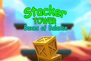 Puinen laatikko, joka on pinottu värikkään maiseman taustalla, teksti Stacker Tower Boxes of Balance näkyy yläosassa
