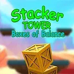 Puinen laatikko, joka on pinottu värikkään maiseman taustalla, teksti Stacker Tower Boxes of Balance näkyy yläosassa