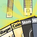 Pelissä on kortteja, joissa on tekstejä Villager, Coin, Stone, ja Wood, sekä resursseja ja pisteitä kuvaavia kuvakkeita