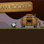 Pieni hahmo avaruuspuvussa seisoo höyryraketin edessä, jossa on kyltti Steam Rocket