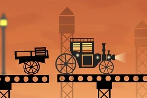 Siluettimainen steampunk-tyylinen vaunu liikkuu muodostelmassa alustoja ja torneja vasten oranssia taustaa